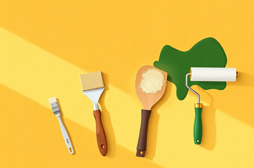 Outils de peinture disposés dans l'ordre des étapes du chantier
