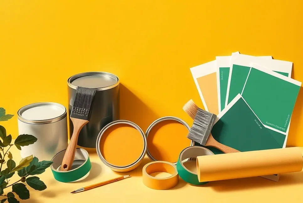 Pots de peinture, nuancier, brosses et rouleaux disposés à plat