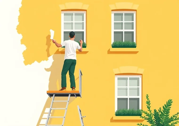 Peintre sur échafaudage traitant la façade d'une maison